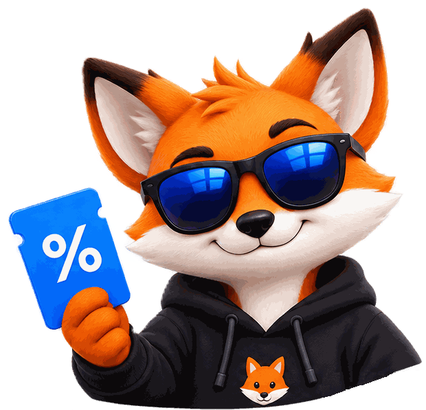 Checkout Saver fox with sunglasses holding a discount gift card