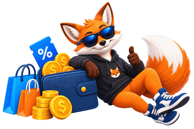 Checkout Saver fox with wallet, shopping bags, and payout after your gift card sells