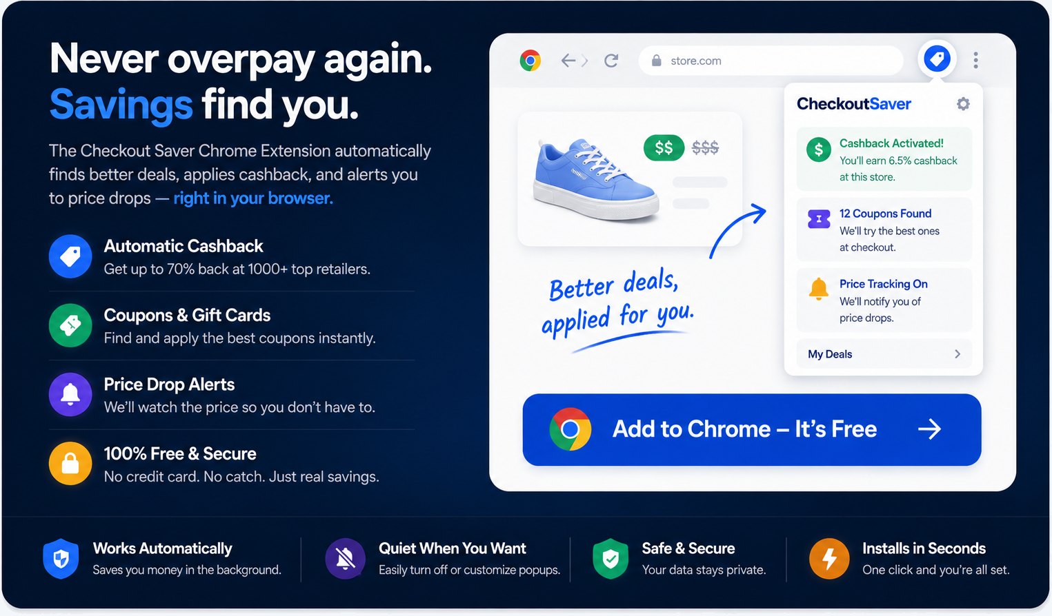 Never overpay again. Savings find you. Add the Checkout Saver Chrome extension — it's free.