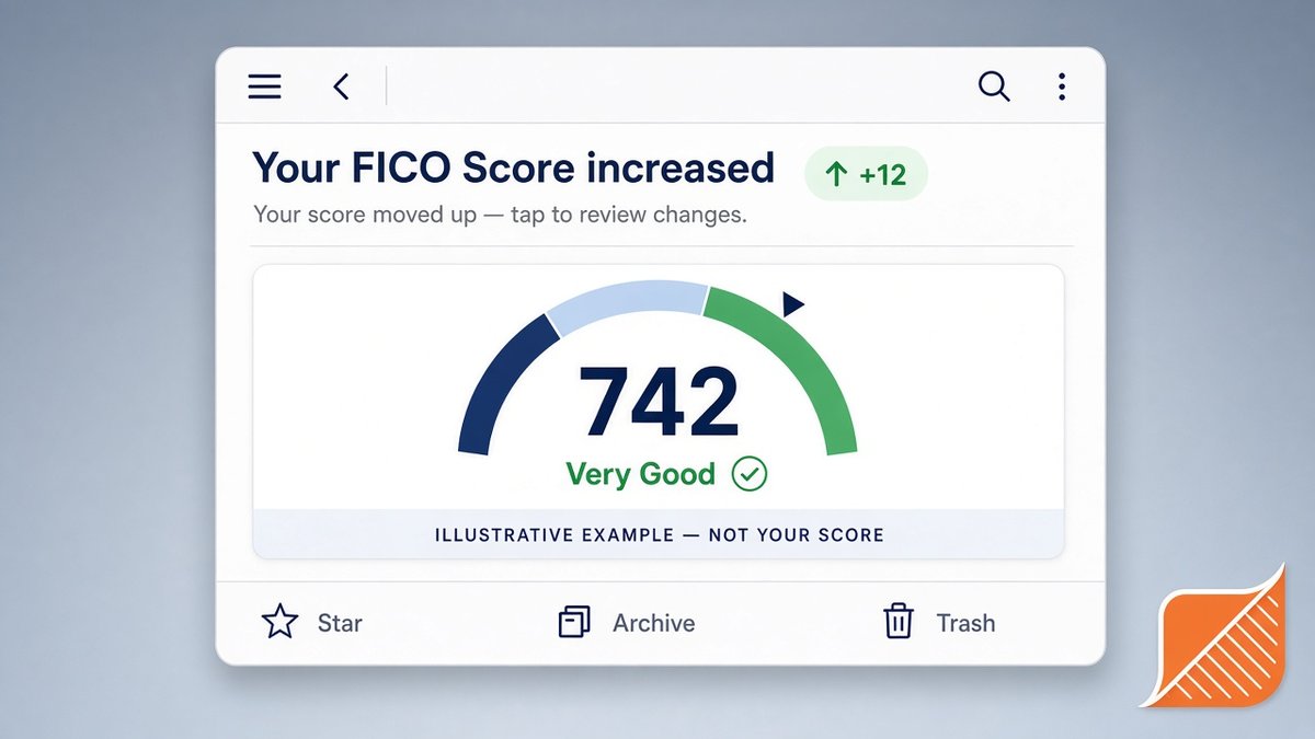 Illustrative FICO score increase email alert showing a credit score that moved up, used to explain free Experian score-change notifications