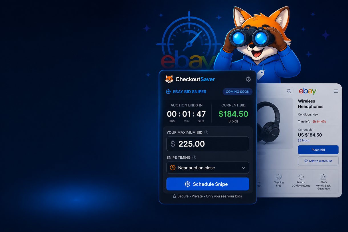 Checkout Saver fox using binoculars beside a Coming Soon eBay Bid Sniper extension mockup over an auction-style listing