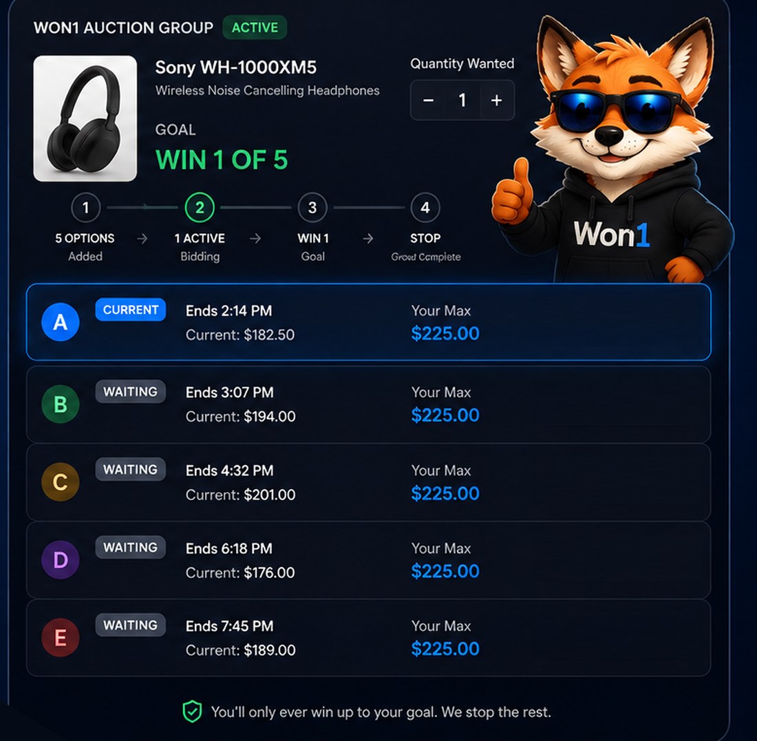 Won1 auction group mockup with Sony headphones, the Checkout Saver fox, and five grouped eBay auctions