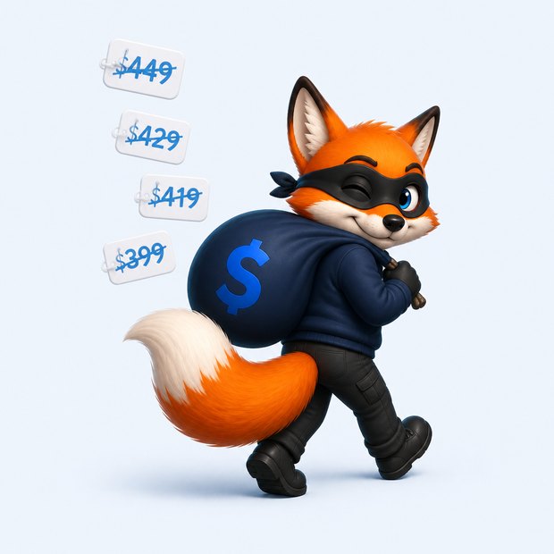 The masked Checkout Saver fox walking away with a money bag, past crossed-out price tags