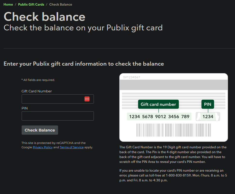 Publix gift card balance check form showing 19-digit card number and 4-digit PIN fields