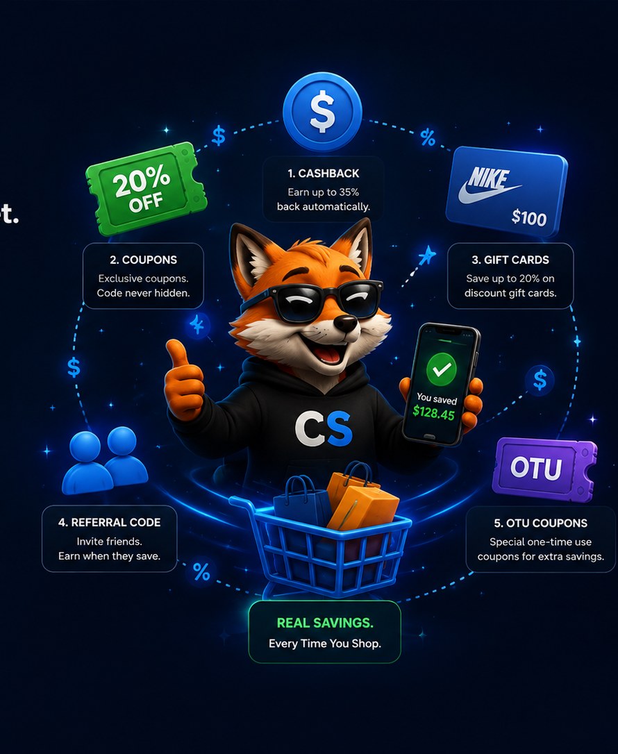 Checkout Saver fox showing five ways to save with cashback, coupons, gift cards, referrals, and OTU coupons