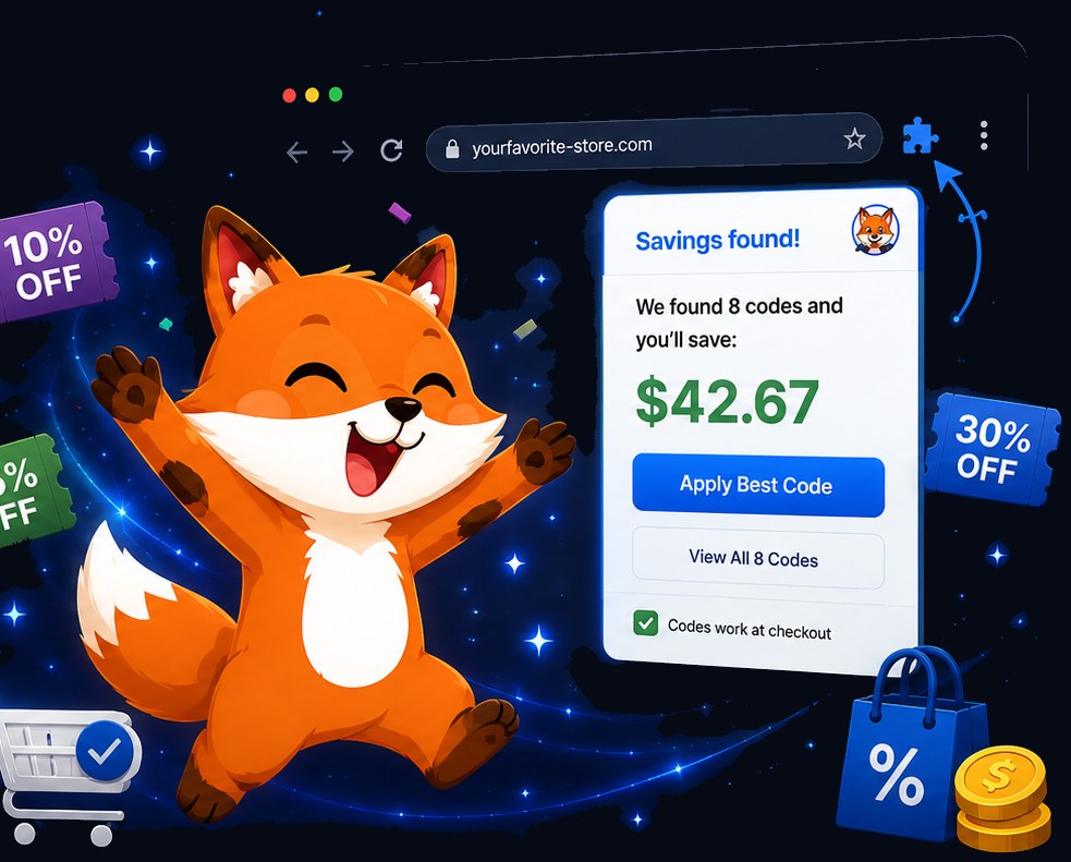 Checkout Saver fox celebrating with browser extension savings popup, coupons, and shopping rewards