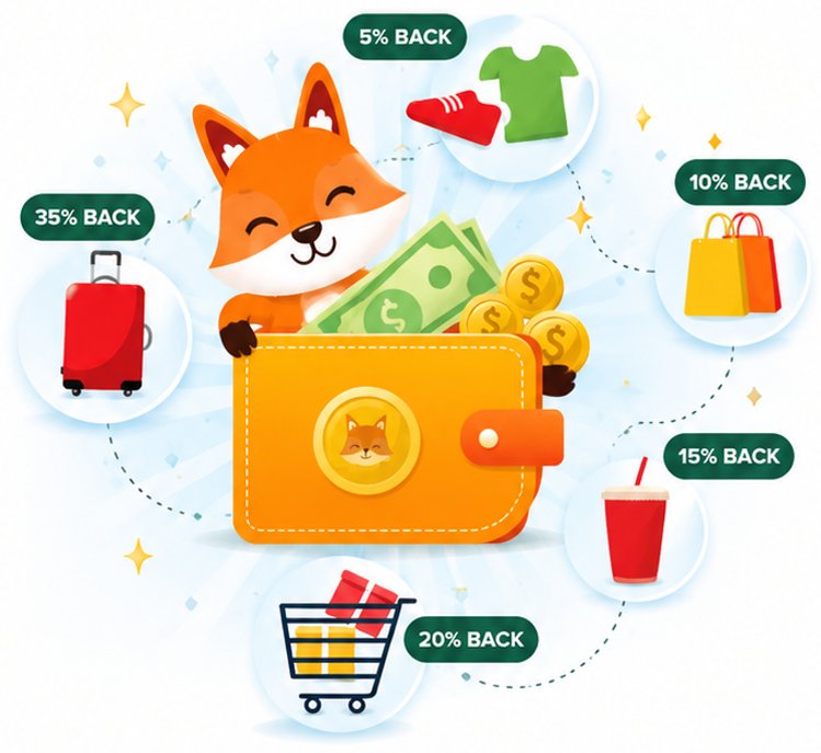 CheckoutSaver fox with a wallet full of gift cards and cash