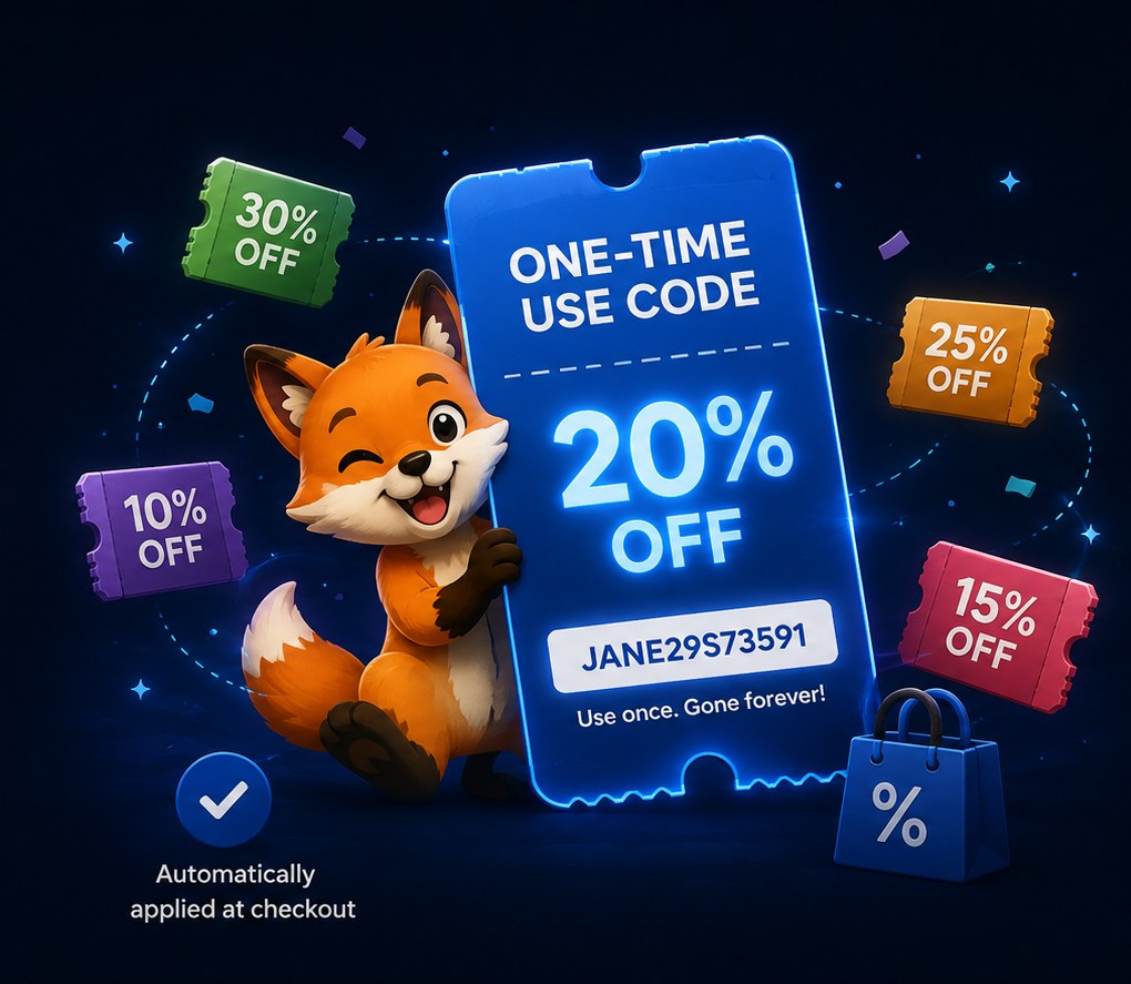 Checkout Saver fox with one-time use coupon codes for exclusive savings