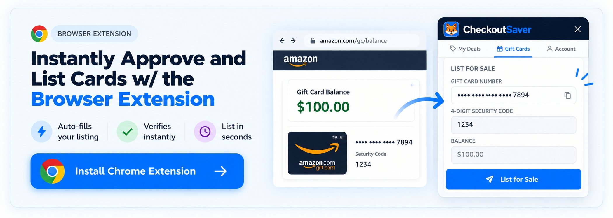 Instantly Approve and List Cards with the Browser Extension: auto-fills your listing, verifies instantly, list in seconds. Install Chrome Extension.